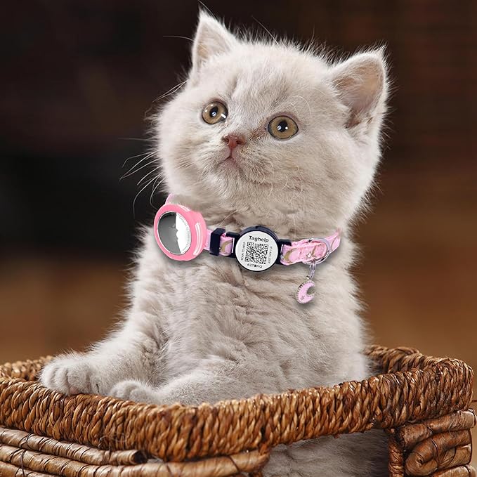 2PCS Breakaway Cat Collars with Bell & Moons Stars Design - Cute Adjustable Kitten Collars with Glow in The Dark Pendant & Waterproof AirTag Holder - Safe & Stylish for Cats(Pink&Blue)