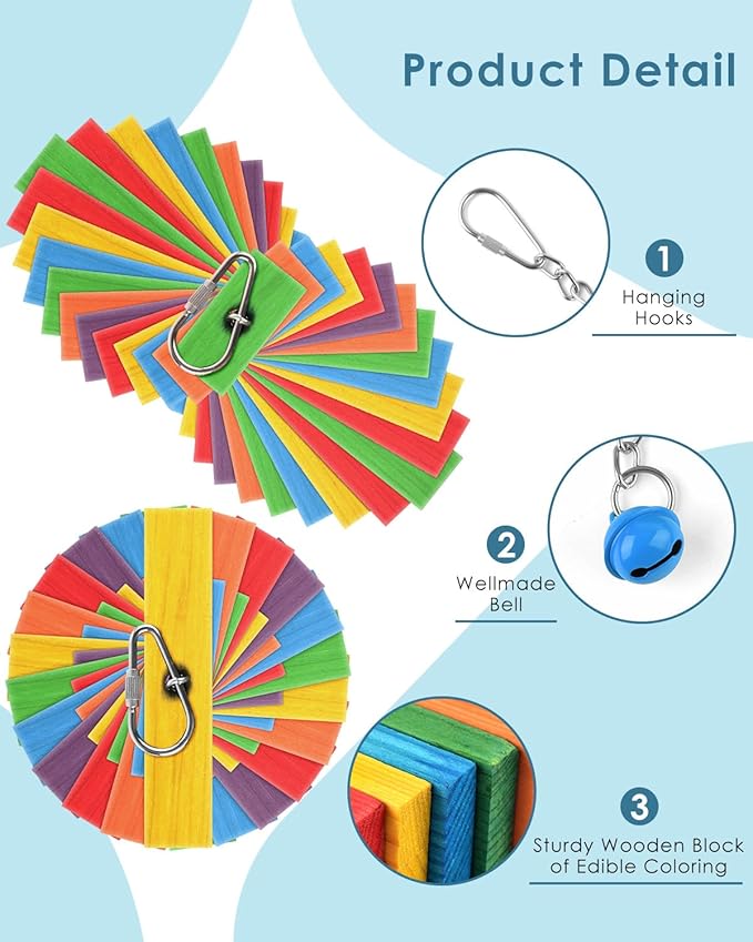 Bissap 4 PCS Bird Chew Toys, Multicolored Bagel Cascade Bird Parrot Chewing Sticks Biting Wooden Blocks Toy for Small Medium Conure Parakeet Cockatiels Lovebird Similar Sized Pet Birds