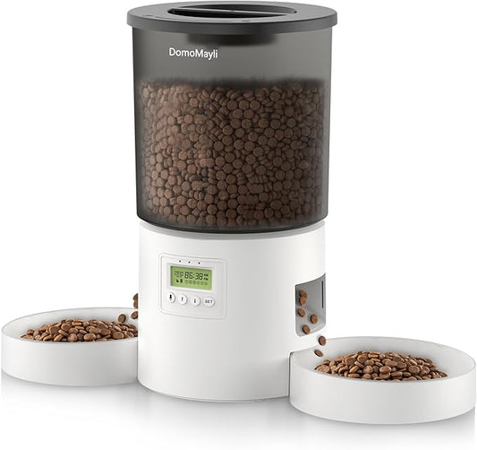 Automatic Dual Cats Feeder 2 Cats,Dual Power,Flexible Schedule Timer,6 Meals 12 Portions Per Day (Clear White, ABS Double Bowls)