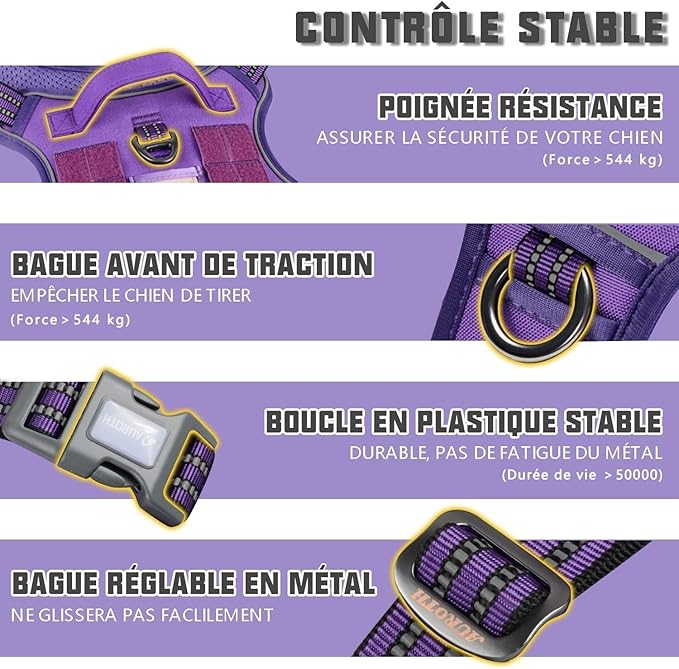 AUROTH Tactical Dog Harness for Large Dogs - Purple, No Pull, Adjustable, Reflective, Molle System for Gear Carrying