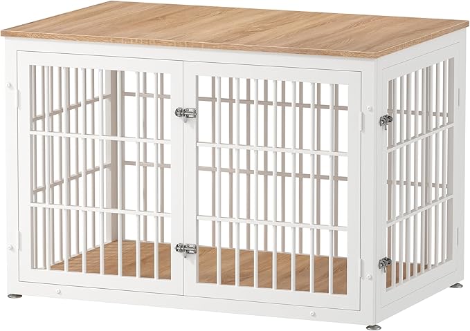 48 Inch Heavy Duty Dog Crate Furniture for Large Dogs, Decorative Pet House End Table, Extra Large Wooden Cage Kennel Furniture Indoor, Natural and White