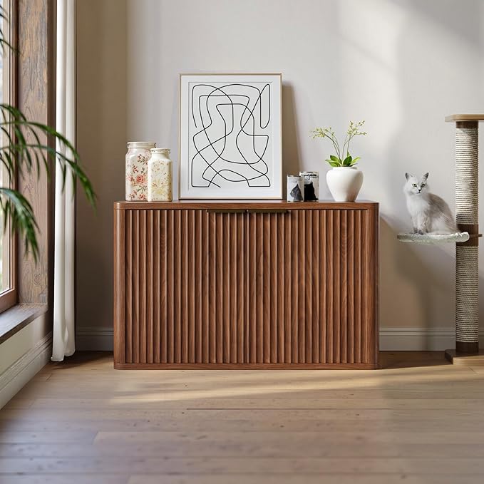 Evermagin 31.5" Walnut Cat Litter Box Enclosure Furniture, Large Hidden Litter Box Cabinet, Entry Can Install Left/Right, Mid Century Modern Fluted Kitty End Table for Living Room, Entryway, Bedroom