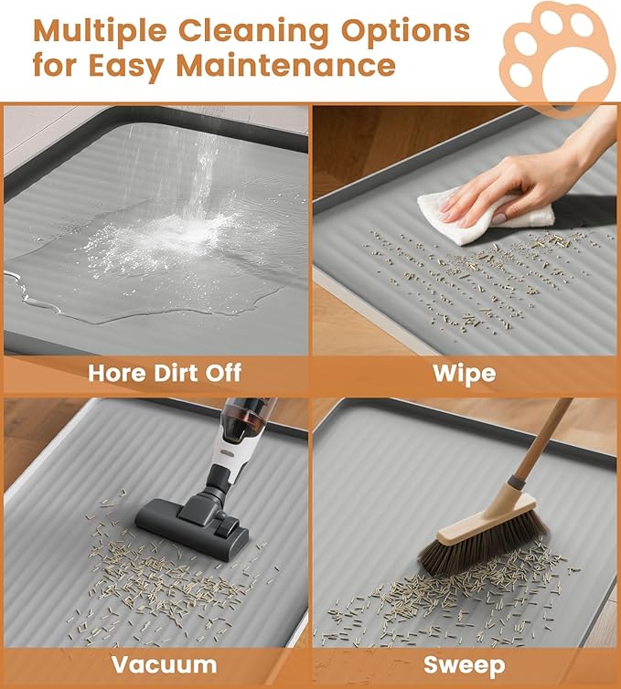 Cat Litter Mat 36x24 Inch, Silicone Litter Box Mat with Raised Edge and Diversion Groove, Waterproof Litter Trapping Mat, Easy to Clean Cat Mat for Litter Box, Grey