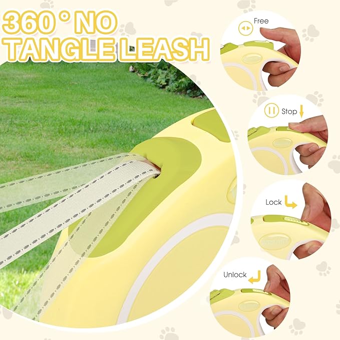 Upgraded Retractable Dog Leash with Chew Proof Cable and Poop Bag Dispenser, 16Ft Heavy Duty Dog Leash for Small Medium Large Dogs up to 120lbs, 360° No Tangle (Yellow)