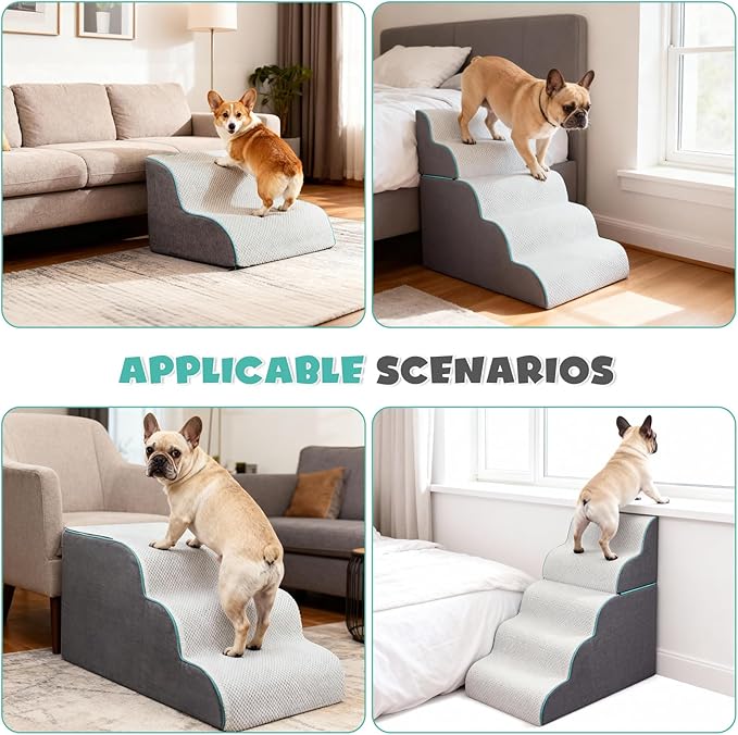 Dog Stairs Ramp for Small Dogs,5-Step Dog Steps,Foldable Pet Stairs for High Beds and Couch,Curved 2 in 1 with Zippers Non-Slip Balanced Pet Ramp and CertiPUR-US Certified Foam,Grey