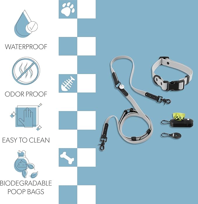 WLK1005N-5SET Luna Medium 8FT Adjustable 6-in-1 Waterproof Hands-Free Leash and Collar with LED Flashlight, Bag Dispenser, and Poop Bag Holder, Martini