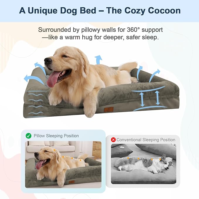 XL Dog Bed for Large Dogs, Orthopedic Dog Bed Egg Crate Foam with Removable Washable Cover, Waterproof Non-Slip Big Pet Sofa with 4-Sides Removable Bolster, Forest Green