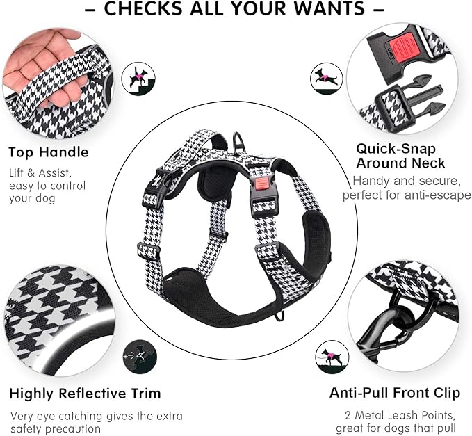 PoyPet No Pull Dog Harness, [Release on Neck] Reflective Adjustable No Choke Pet Vest with Front & Back 2 Leash Attachments, Soft Control Training Handle for Small Medium Large Dogs(Houndstooth,S)
