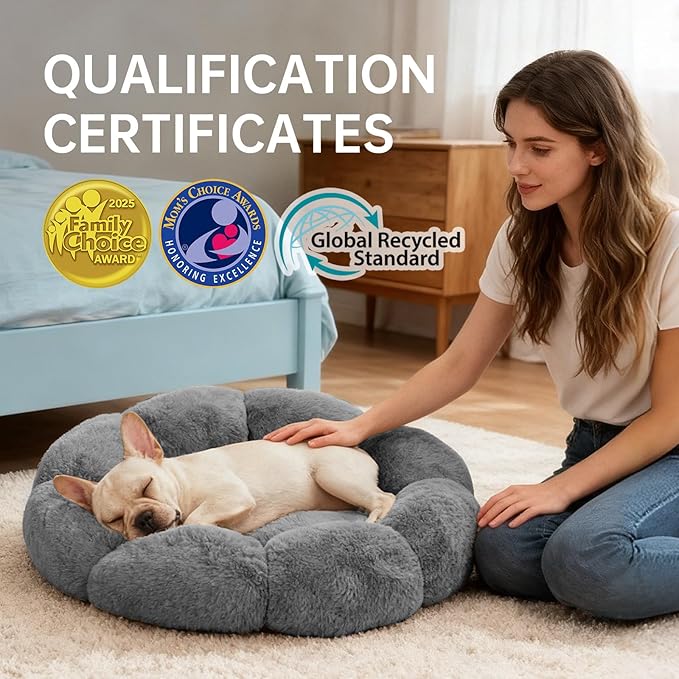 OhGeni 27 inches Calming Donut Dog & Cat Bed for Medium Pets, Warming Comfort Fluffy Short Pile Fur, Durable Machine Washable Round Bed, Cute Round Bed for Puppy and Kitten, Dark Gray