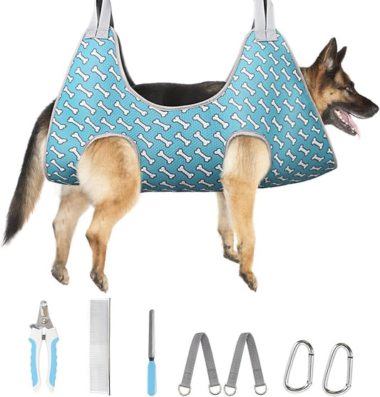 Supet Dog Grooming Hammock Harness for Dogs Cats, Relaxation Pet Nail Clipper Hammock, Restraint Dog & Large Animal Leashes Sling for Groomingk for Nail Trimming (Coral Blue, XL)