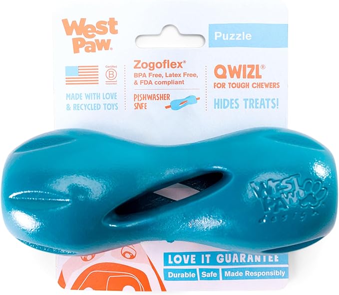 West Paw Qwizl Treat Dispensing Dog Toy for Tough Chewers- Durable Long Lasting Chew and Fetch Toy Keeps Dogs Engaged- Dishwasher Safe Safe Materials Made in USA - River Blue, Small