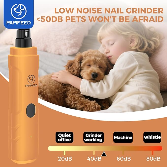 PAPIFEED Pet Nail Grinder for Dogs,3-Speed Rechargeable Dog Nail Trimmers and Professional Clippers,Paws Grooming Kit for Small Medium Large Dogs Cats - Orange