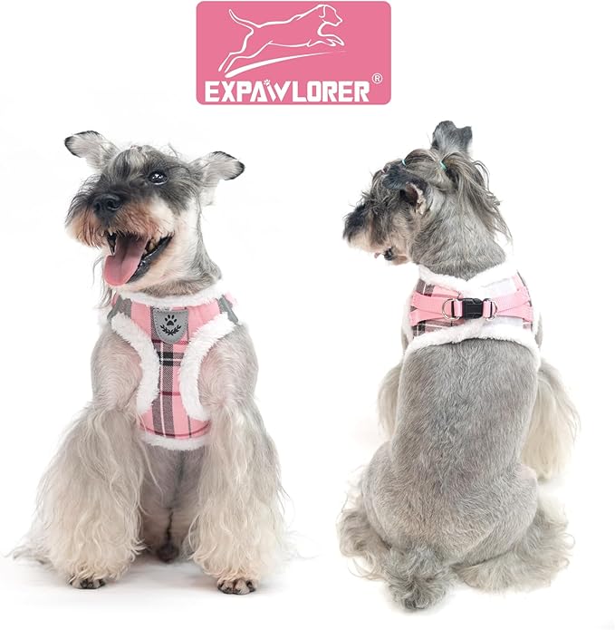 EXPAWLORER Fleece Lined Step-in Dog Harness - Soft Plush Padded Puppy Harness and Leash Set with Adjustable Dog Collar, No Pull Escape Proof Suede Dog Vest Harness for Small Dogs, Pink S