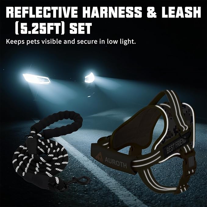 AUROTH Dog Harness and Leash Set, Soft Padded Dog Vest with 5.25FT Dog Leash, No Choke, Easy On Pet Vest, Adjustable Reflective No Pull Dog Harness for Large Dogs, Easy Walking and Training