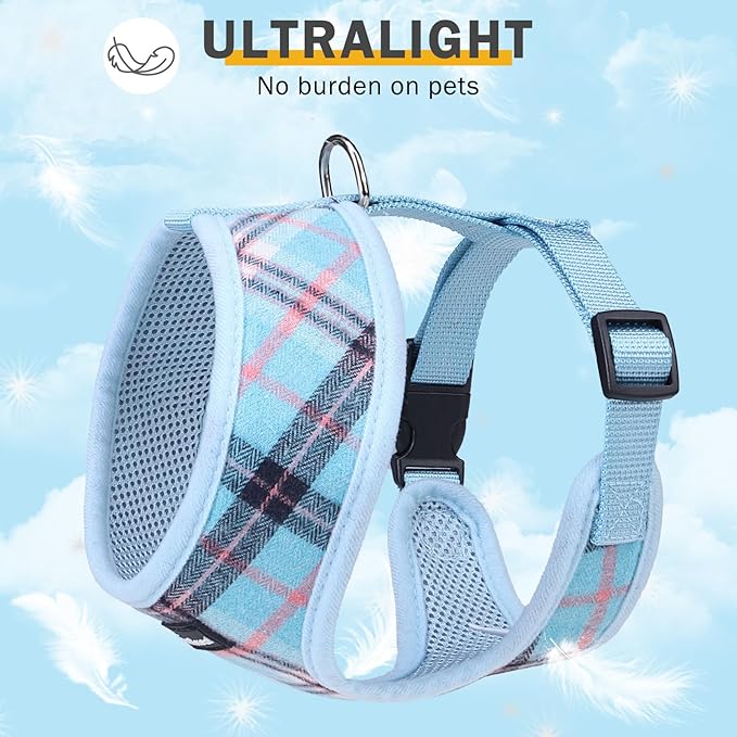 SCENEREAL Puppy Dog Harness with Leash Set for Small Medium Sized Dogs, Soft Mesh Step in Pet Harnesses and Leash, No Chock Plaid Adjustable No Pull Vest for Dogs Cats, Chihuahua,Bulldog (Blue M)