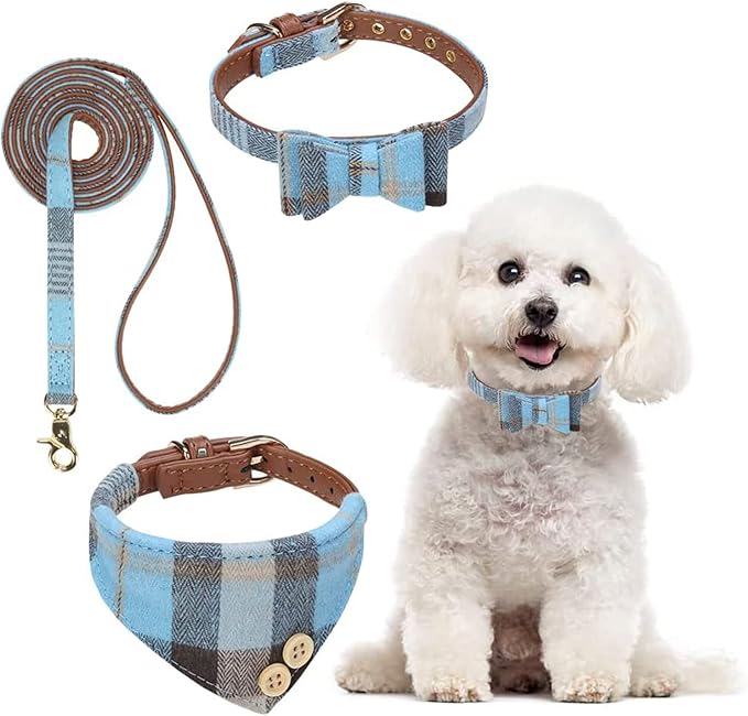 BINGPET Bow Tie Dog Collar and Leash Set,Cute Adjustable Classic Plaid Dog Bandana Collar with Bell, Fit for Small Dogs, Puppies and Cats Outdoor Walking