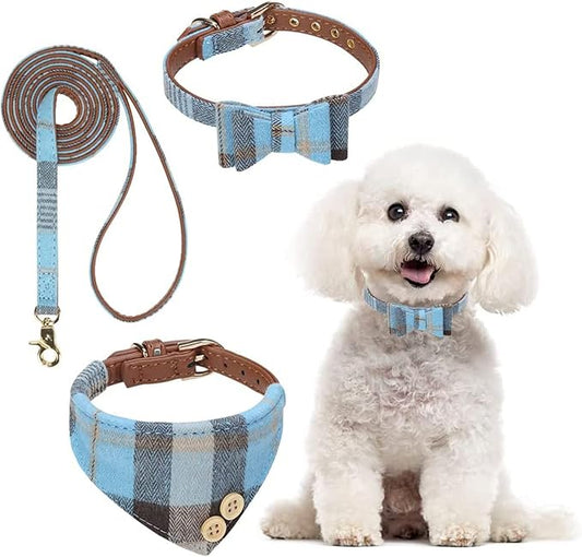 BINGPET Bow Tie Dog Collar and Leash Set,Cute Adjustable Classic Plaid Dog Bandana Collar with Bell, Fit for Small Dogs, Puppies and Cats Outdoor Walking