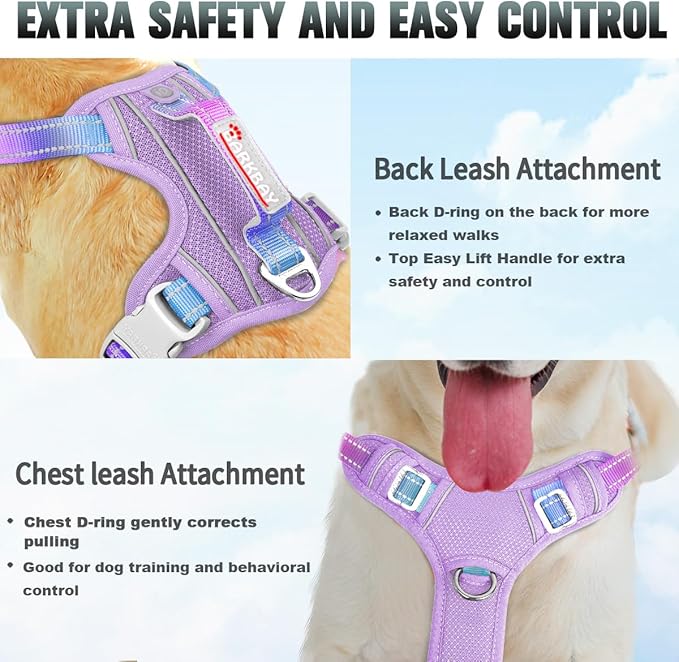 BARKBAY No Pull Dog Harness Large Reflective Dog Harness with Front Clip and Easy Control Handle for Walking Training Running with ID tag Pocket(Lavender Sky,XL)