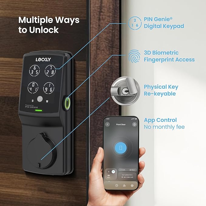 Lockly Secure Pro Deadbolt, Wi-Fi Smart Lock, Keyless Entry Door Lock, Smart Locks for Any Doors, PIN Genie® Keypad, 3D Biometric Fingerprint Sensor, Auto Lock, Rekeying Capability - Matte Black