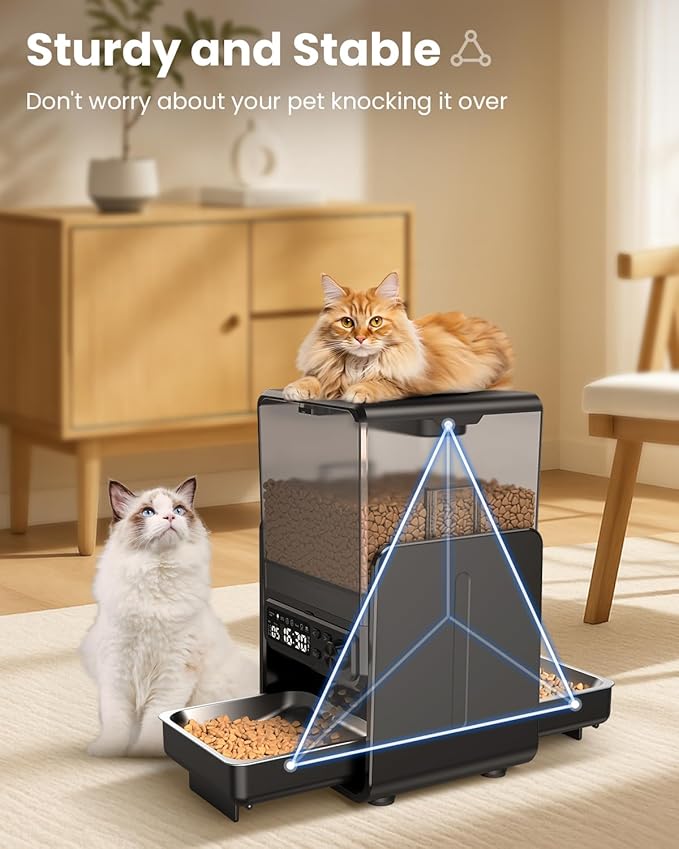 Automatic Cat Feeder for 2 Cats, 5L/20 Cups Food Dispenser with Adjustable Raised Double Bowls, Detachable Control Panel, Timed Cat and Dogs Feeder for Dry Food, Dual Power Supply