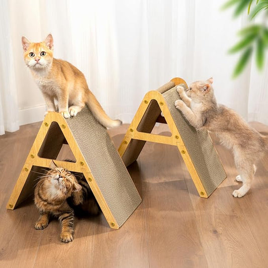 A-Frame Cat Scratching Board, Recycled Cardboard & Wood Frame, Dual-Sided Vertical Horizontal Cat Scratcher for Indoor Kittens, Ideal for Multiple Cats- 2 Pack, Light Wood, Small