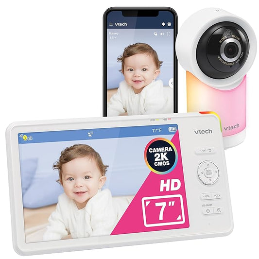 VTech Smart WiFi 7” HD Display Video Baby Monitor, 1080p HD Camera via App, Pan-Tilt-Zoom, Night Light, 2-Way Talk, 2K CMOS Video Sensor, Wide-Angle Viewing, Rechargeable Battery, Free App: RM7866HD