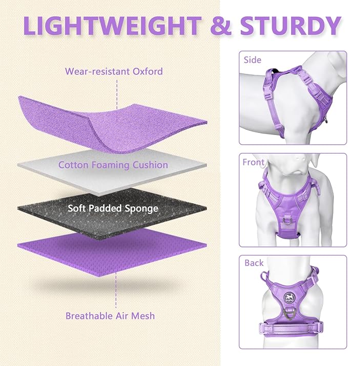 PoyPet No Pull Dog Harness, No Choke Reflective Dog Vest, Adjustable Pet Harnesses with Easy Control Padded Handle for Small Medium Large Dogs(Light Purple Matching Trim,M)