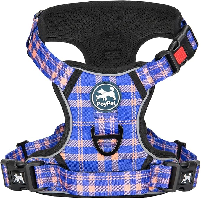 PoyPet No Pull Dog Harness, Reflective Adjustable No Choke Pet Vest with Front & Back 2 Leash Attachments, Soft Control Training Handle for Small Medium Large Dogs(Checkered Blue & Orange,XS)