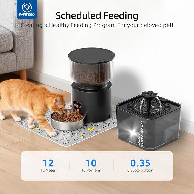 PAPIFEED Automatic Cat Feeder and Water Fountain, 3L/12 Cups 2.4G WiFi Pet Feeder with Stainless Steel Bowl, Smart APP Control for Remote Feeding, 1-12 Meals Per Day, Detachable for Easy Clean (Black)