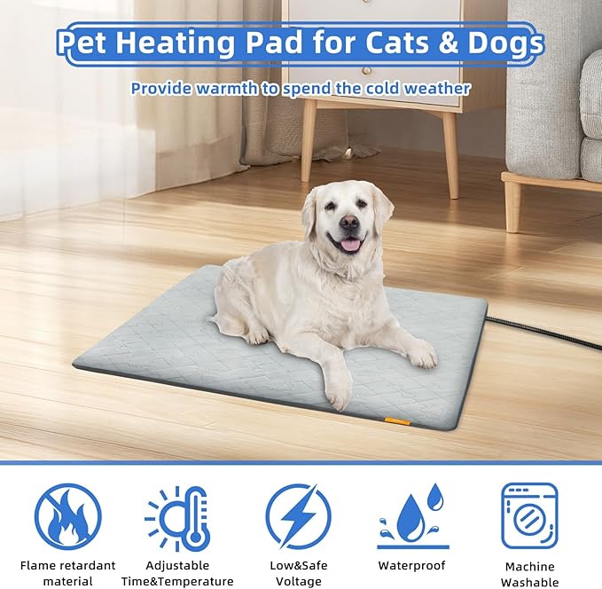 Pet Heating Pad for Cats Dogs Electric Heated Bed Waterproof Warming Mat Indoor Outdoor Chew Resistant Cord Adjustable 5 Timer and 6 Level Temperature for Pets Puppy Animals-Small-35.4x23.6in