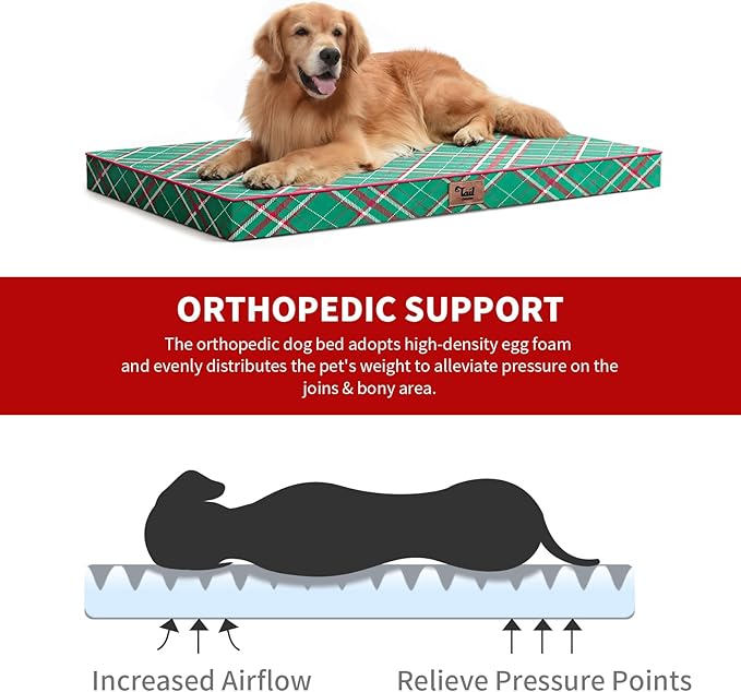 Christmas Orthopedic Dog Bed for Large Dogs, Big Waterproof Dog Bed Washable Pet Bed for Large Sized Dogs with Egg Crate Foam Pet Bed Mat, Removable Oxford Cooling Cover, Plaid