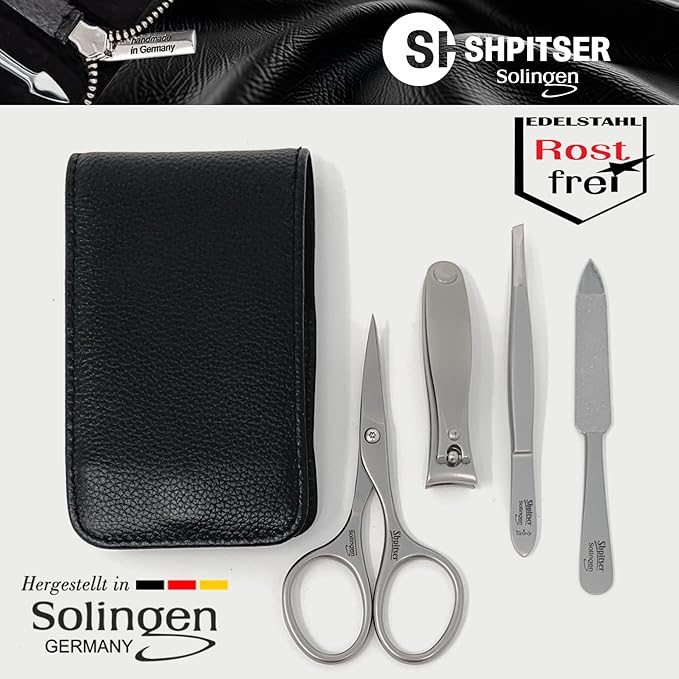 Shpitser Manicure and Pedicure Set of 4 Surgical Stainless Steel Instruments, Made in Solingen, Germany, Luxury Topinox Grooming Kit In Full Grain Nappa Leather Case (Black)