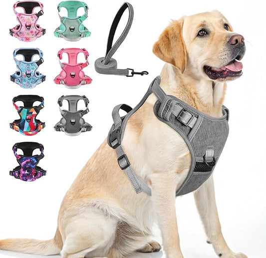 BEAUTYZOO No Pull Dog Harness Large, Adjustable Dog Harness and Leash Set -Easy Wearing with 3 Buckles/Control Handle,No Choke Soft Padded Reflective Pet Vest for Training Walking Hiking,Grey L