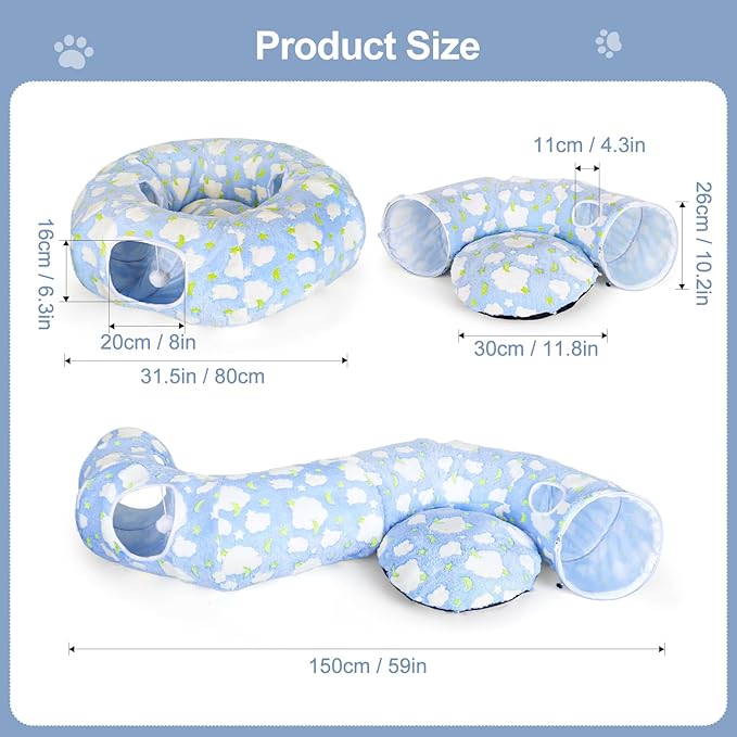 Cat Tunnel Bed, Foldable Cat Donut Tunnel with Removable Cushion, Toy Ball & Social Windows, Stress Relief Fun, Round Pet Play Tunnel for Indoor Cats, Kittens and Small Pets (3D Cloud Pattern)