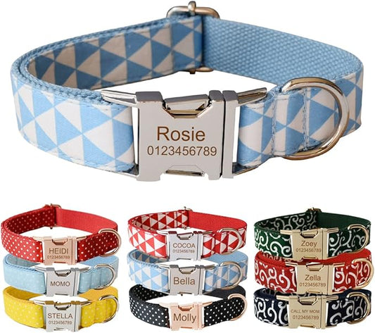 Custom Dog Collar with Metal Buckle - Pet Collars Personalized with Name and Phone Number (Geometric)