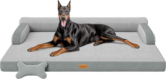 XXL Orthopedic Dog Bed, Big Dog Bed for Large Dogs, Dual-Sided Pet Cooling Beds with Memory Foam Washable Cover Nonslip Bottom, Waterproof Pet Couch with Bolsters, Light Grey