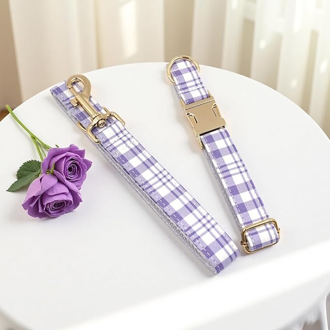 PETDURO Personalized Dog Collar Lavender Plaid for Large Medium Dogs | Engraved Name and Phone Number on Gold Metal Buckle for Girls | Add Leash & Bow Tie via Customize Now