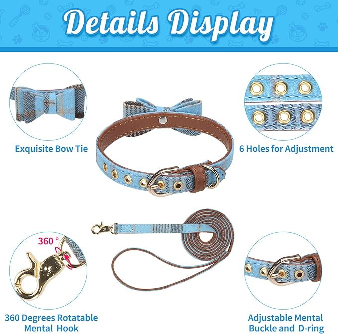 BINGPET Bow Tie Dog Collar and Leash Set,Cute Adjustable Classic Plaid Dog Bandana Collar with Bell, Fit for Small Dogs, Puppies and Cats Outdoor Walking