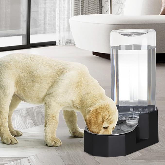 Sfozstra Large Dog Water Dispenser: 9L Automatic Black Water Feeder with Specialized Brush - Gravity Design for Multiple Pets in Garage Garden - Good for Spinal Health