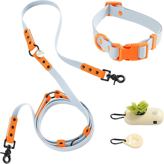 WLK1005D-5SET Luna Medium 8FT Adjustable 6-in-1 Waterproof Hands-Free Leash and Collar with LED Flashlight, Bag Dispenser, and Poop Bag Holder, Fishbowl