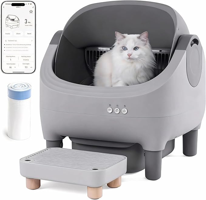 Self Cleaning Litter Box, App Control, Automatic Litter Box with Step, Odor-Free Includes Large Waste Bin and Trash Bags, Open Top Large Capacity for Multiple Cats, Quiet Operation, Safety Protection
