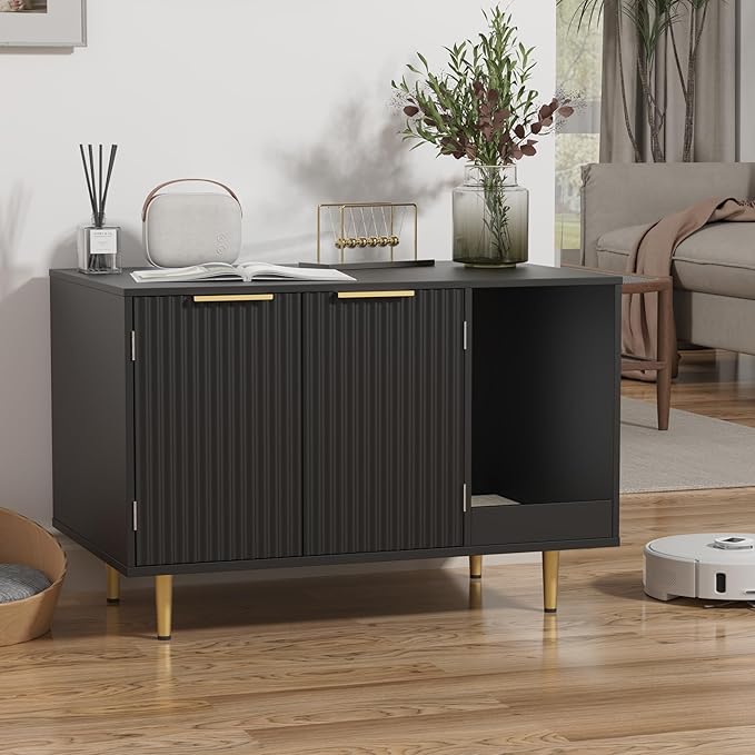 Litter Box Enclosure, Cat House Litter Box Furniture Hidden with Scratching Mat, Modern Cat Washroom Indoor, Side End Table, Storage Cabinet Bench for Living Room, Bedroom, Black