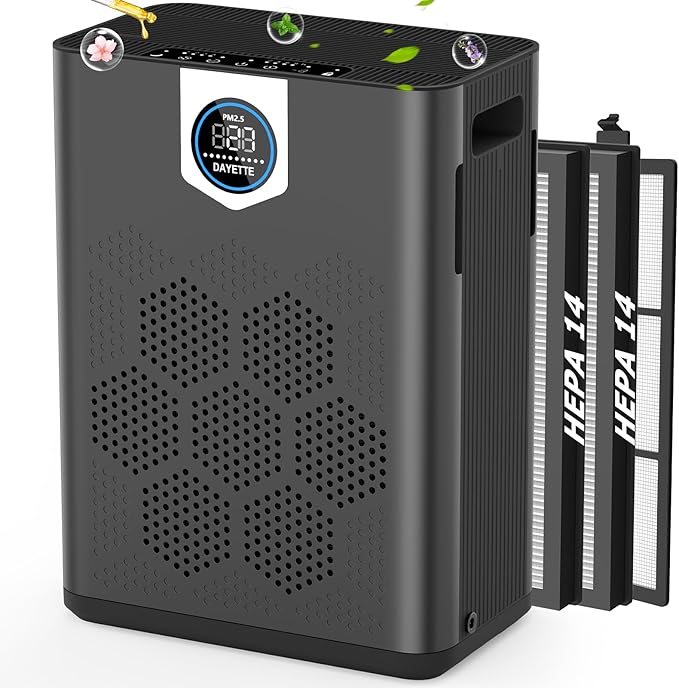 DAYETTE Air Purifier for Home Large Room Bedroom Up to 3000 Ft² with Washable Pre-Filter, Air Quality Monitor, HEPA Air Purifiers with Sleep Mode for Dust, Pollen,Black