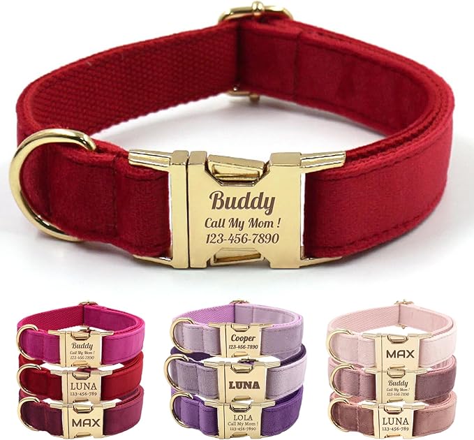 Velvet Personalized Dog Collar with Name - Customizable Dog Collar with Quick Release Metal Buckle - Leash and Bow Tie Available (Red, M)