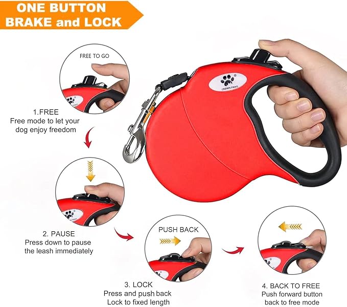 16ft Retractable Dog Leash for Large Breed Dogs up to 110 lbs with a Detachable Chew Proof Extender Wire Ropes (Red L)