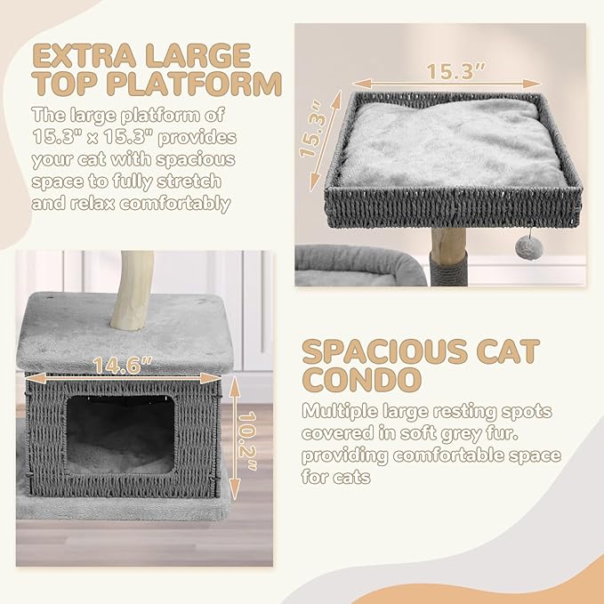 Modern Cat Tree for Large Cats - Multi-Level Wooden Tower with Scratching Posts, Large Jumping Platforms, Hanging Toy - Modern Luxury Cat Furniture for Indoor Cats-Grey