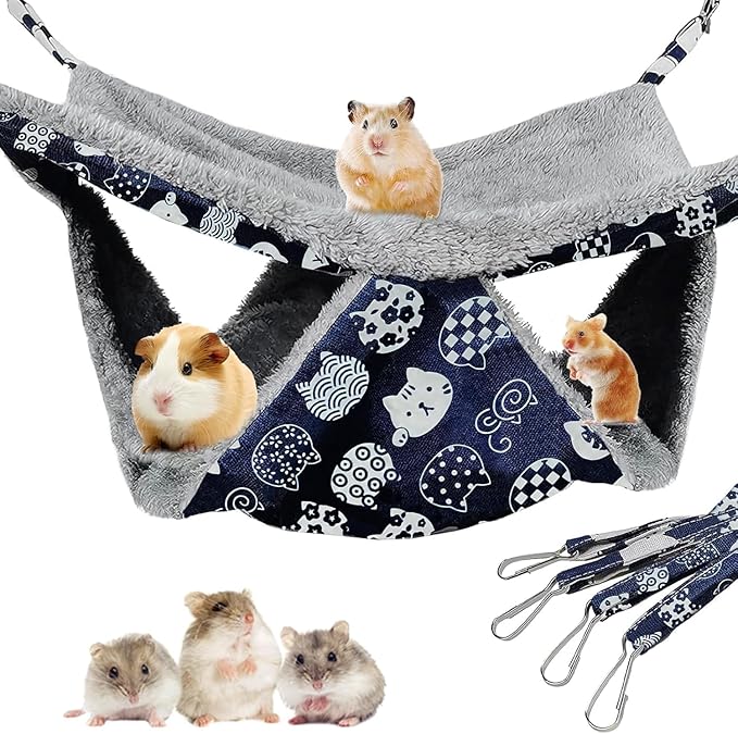 2 Layers Pet Rat Hammock, Double Sided Warm Flece & Linen Hammock for Cage, Hamster Guinea Pig Ferret Chinchilla Small Animal Bed, Hanging Hideout Swing Cage Accessories