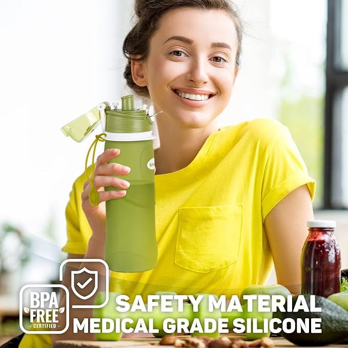 Kemier Collapsible Silicone Water Bottles-750ML,Medical Grade,BPA Free Travel Water Bottle Can Roll Up,26oz,Leak Proof Foldable Sports & Outdoor Water Bottles