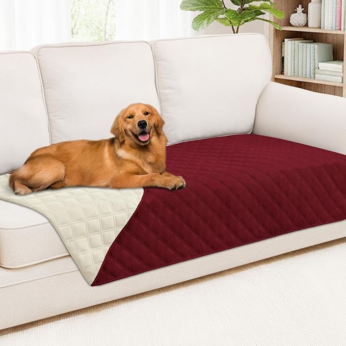 Smiry Waterproof Dog Bed Cover Pet Blanket, Soft Washable Dog Blanket for Furniture Bed Couch Sofa Reversible, Checkered (40"x80", Wine Red/Beige)