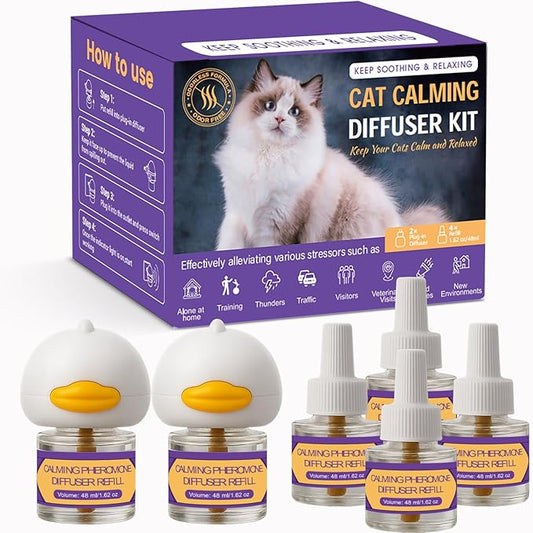 Cat Calming Pheromone Diffuser Kit, 2 Plug-Ins + 4 Refills (48ml Each), Long-Lasting Stress & Anxiety Relief, Reduces Fighting, Spraying & Scratching, Safe & Drug-Free Comfort for All Cats and Kittens